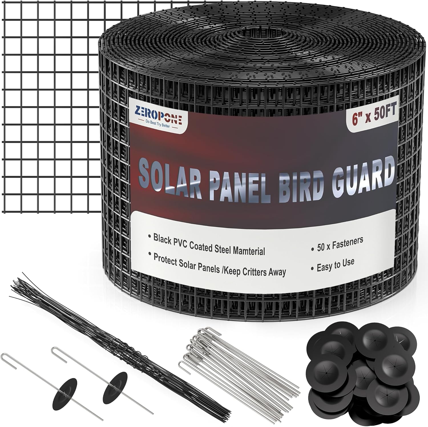 6inch x 50ft Solar Panel Bird Guard, Critter Guard for Solar Panels with 50 Pcs Stainless Steel Fasteners, Removable PVC Coated Pigeon Netting Wire Roll for Squirrel, Bird, Critters Proofing