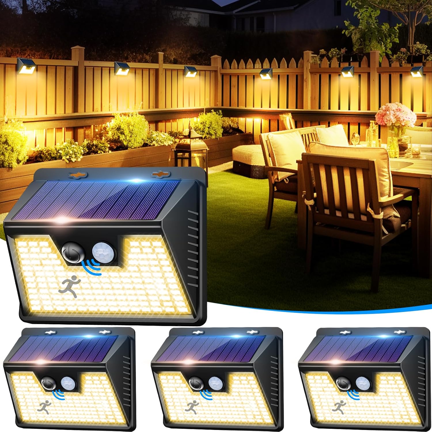 Solar Lights Outdoor 4 Pack, 140LED/3 Modes Motion Sensor Outdoor Lights Solar Powered, Wireless IP65 Waterproof Solar Lights Outside Bright for Deck Steps Fence Patio Front Door Pathway, Warm White