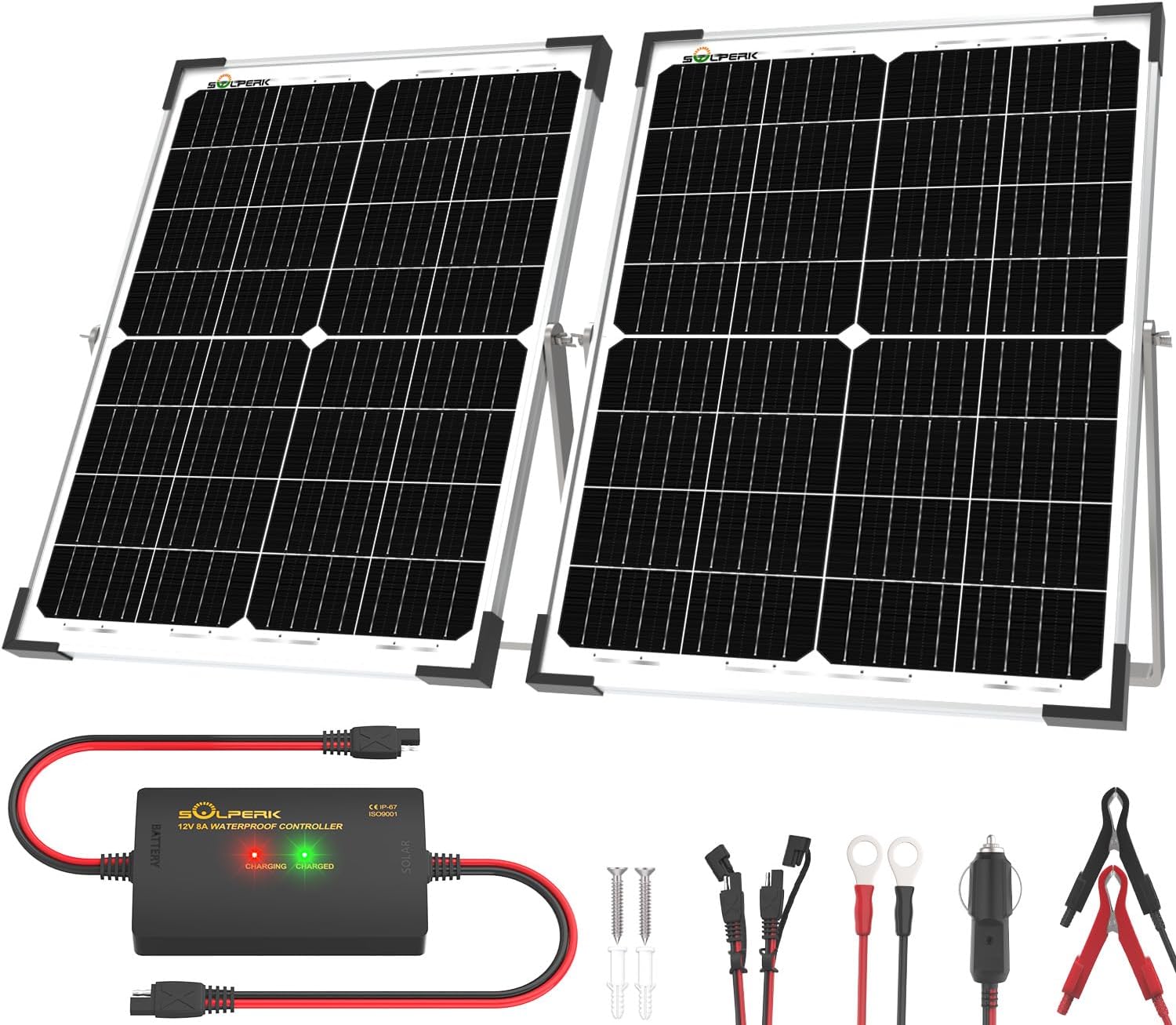 SOLPERK 12V 50W Solar Battery Charger, 2pcs 25W Solar Battery Maintainer+Waterproof 8A Controller+Adjustable Mounts for RV, Car, Boat, Marine, Etc